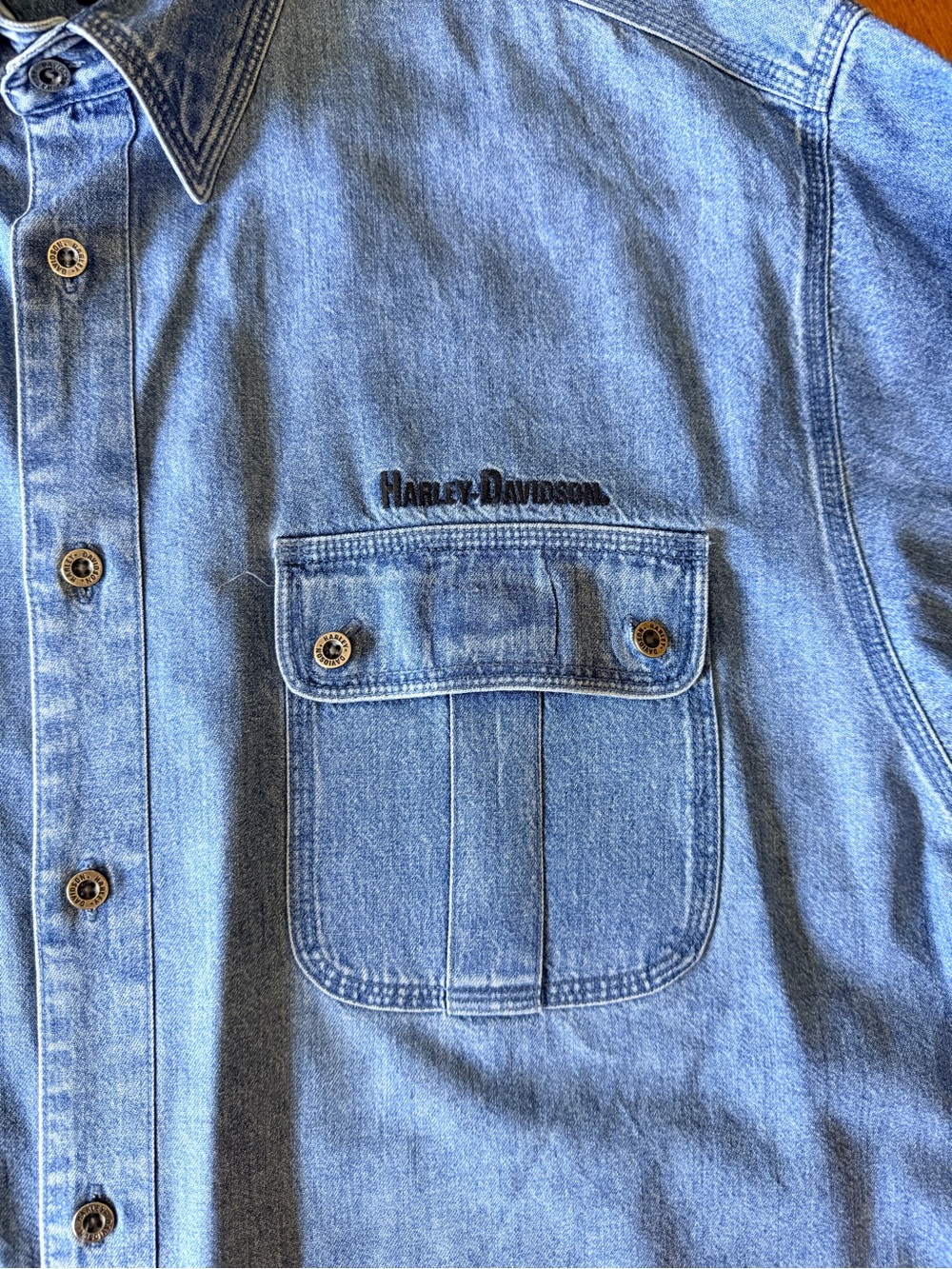 Harley-Davidson Light Blue Denim Button-Up Shirt, Size XL, EUC